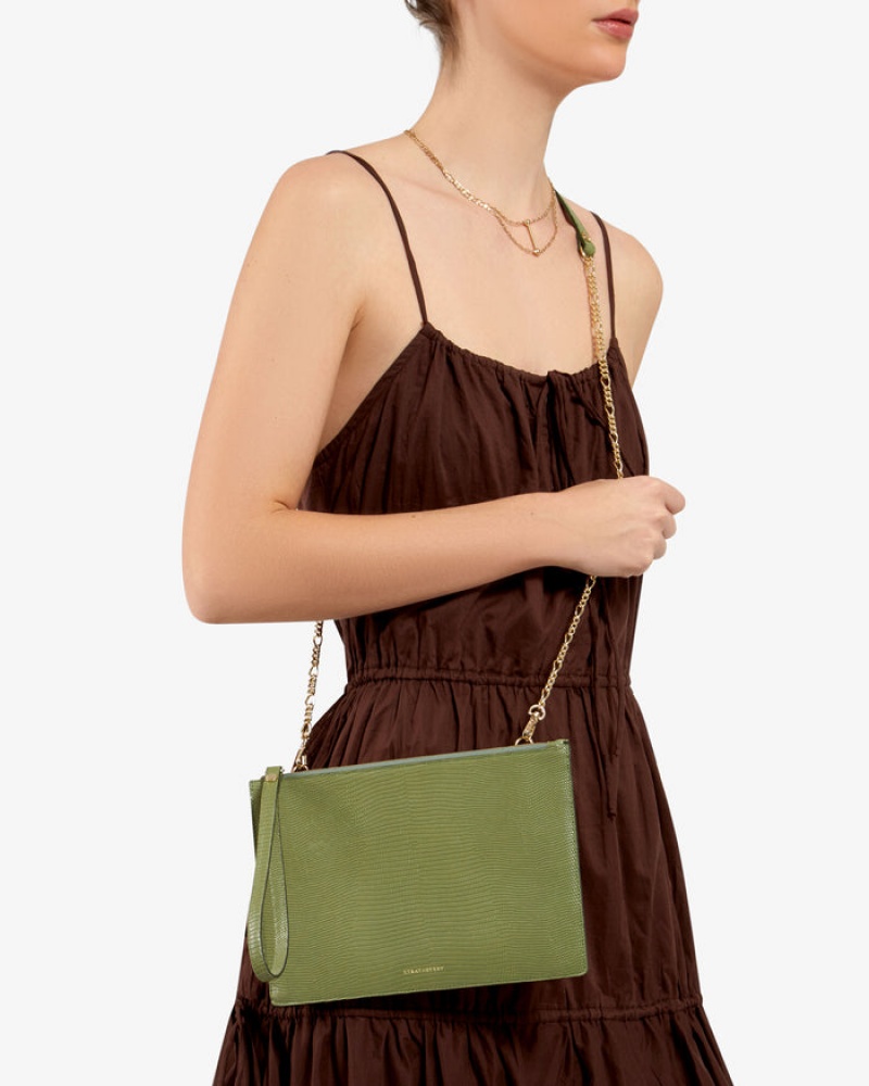 Olive Strathberry Pouch On A Chain Lizard-Embossed Leather Mini Bag | UK PLER-82340