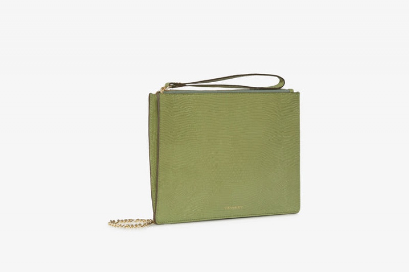 Olive Strathberry Pouch On A Chain Lizard-Embossed Leather Clutch Bag | UK XGZY-18709