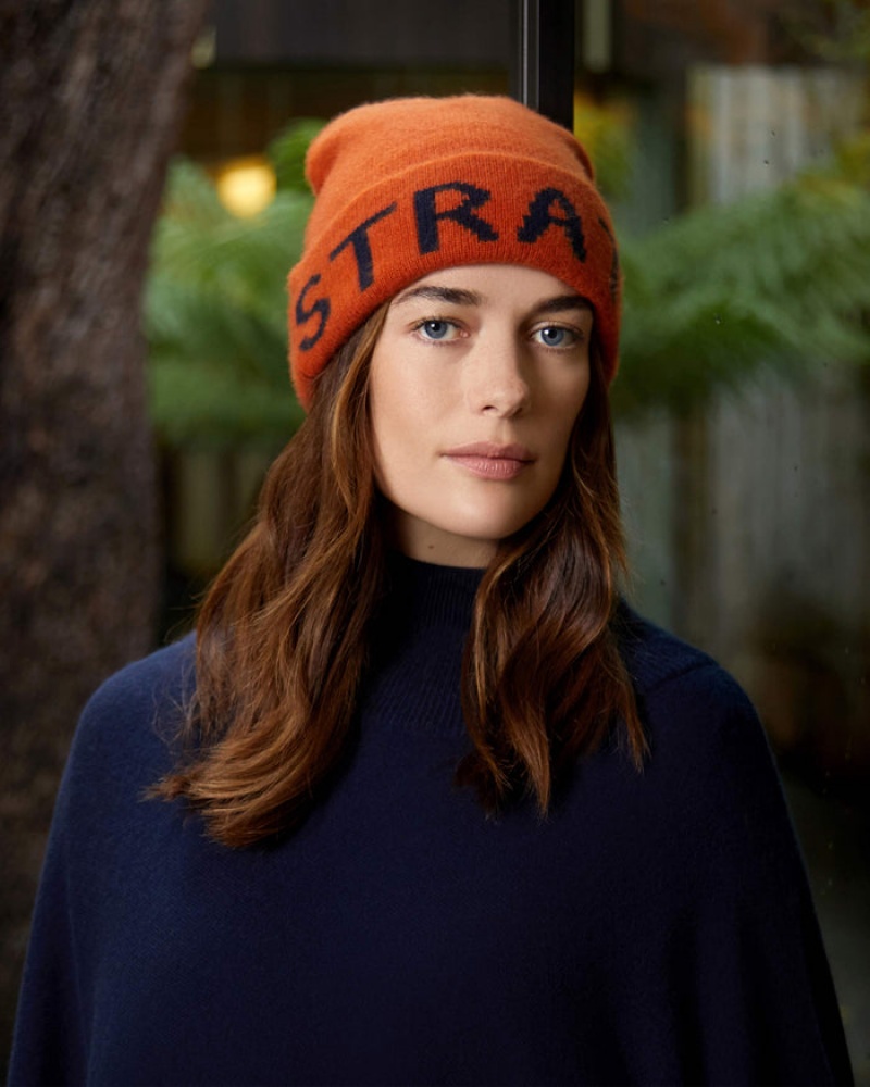 Orange Strathberry 100 Cashmere Logo Beanie | UK QBNJ-89536