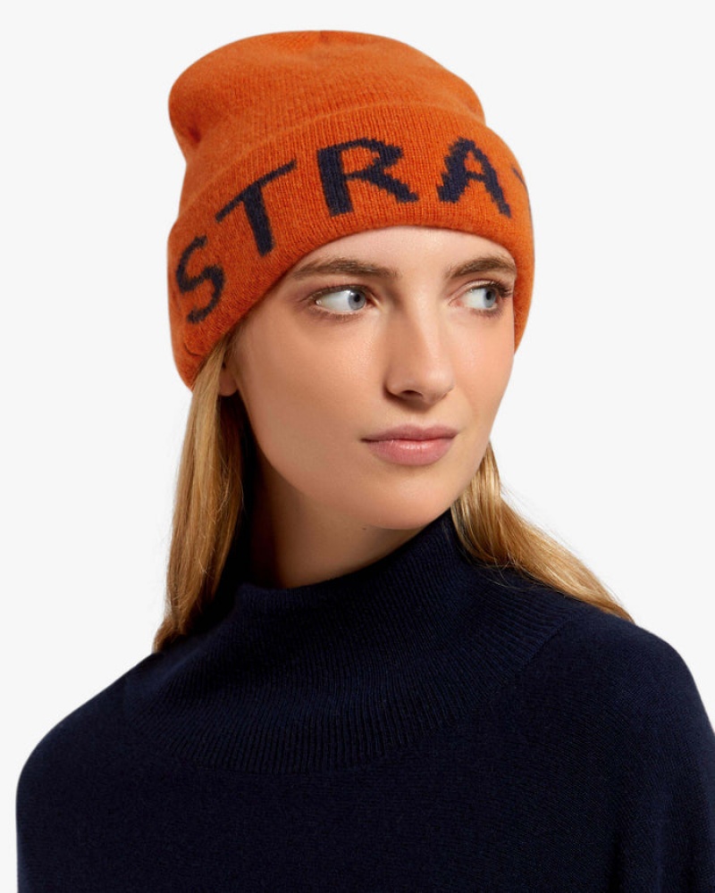 Orange Strathberry 100 Cashmere Logo Beanie | UK QBNJ-89536