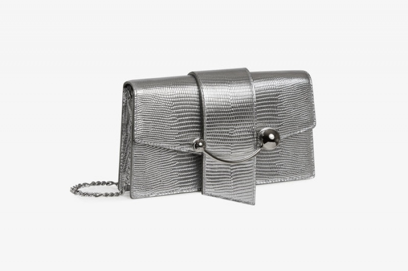 Silver Strathberry Crescent On A Chain Lizard-Embossed Leather Shoulder Bag | UK COGW-02458