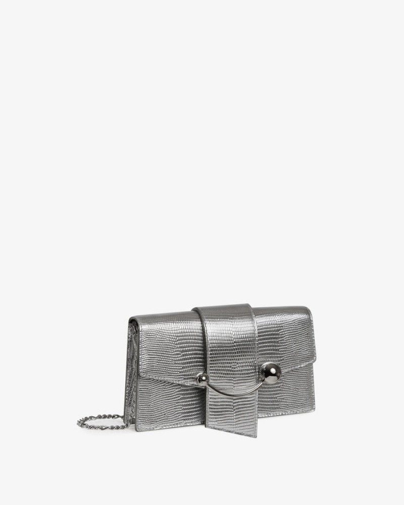 Silver Strathberry Crescent On A Chain Lizard-Embossed Leather Mini Bag | UK WAEC-31076