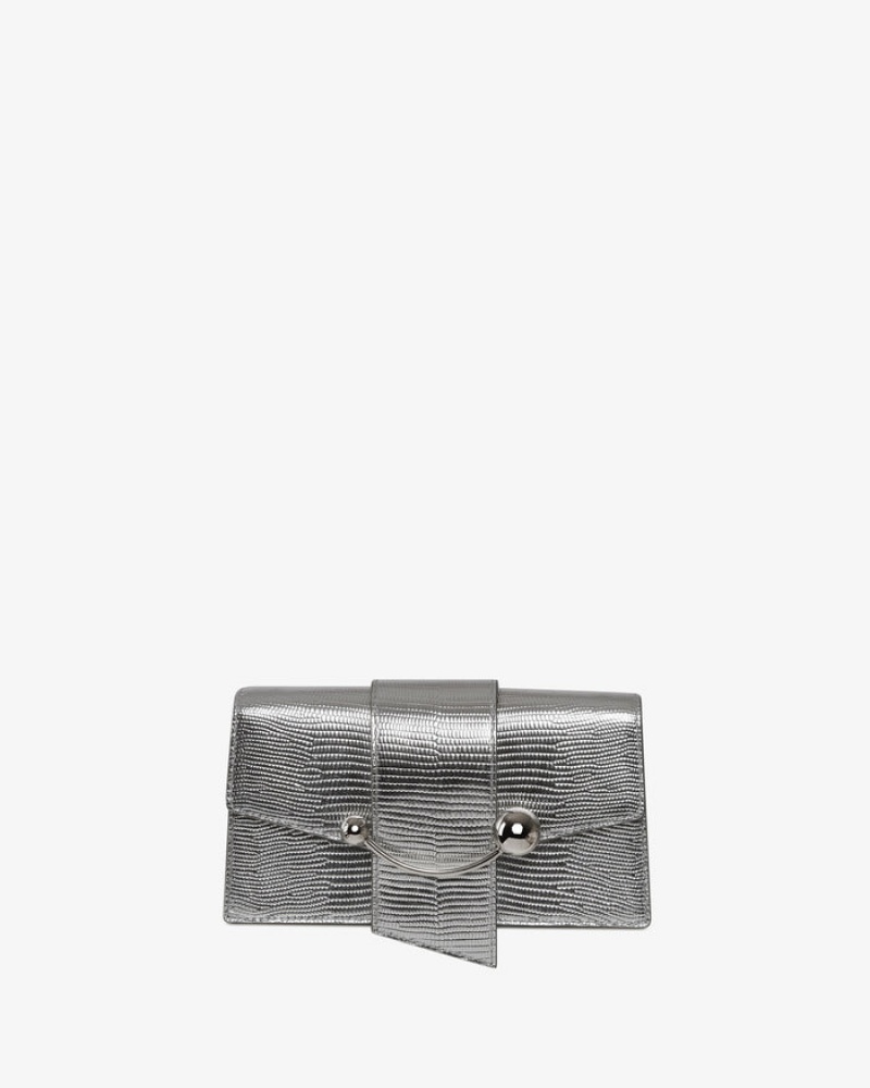 Silver Strathberry Crescent On A Chain Lizard-Embossed Leather Mini Bag | UK WAEC-31076