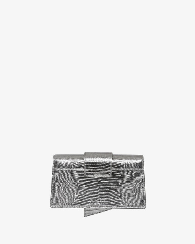 Silver Strathberry Crescent On A Chain Lizard-Embossed Leather Mini Bag | UK WAEC-31076