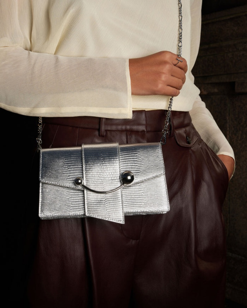 Silver Strathberry Crescent On A Chain Lizard-Embossed Leather Clutch Bag | UK CTXA-98426