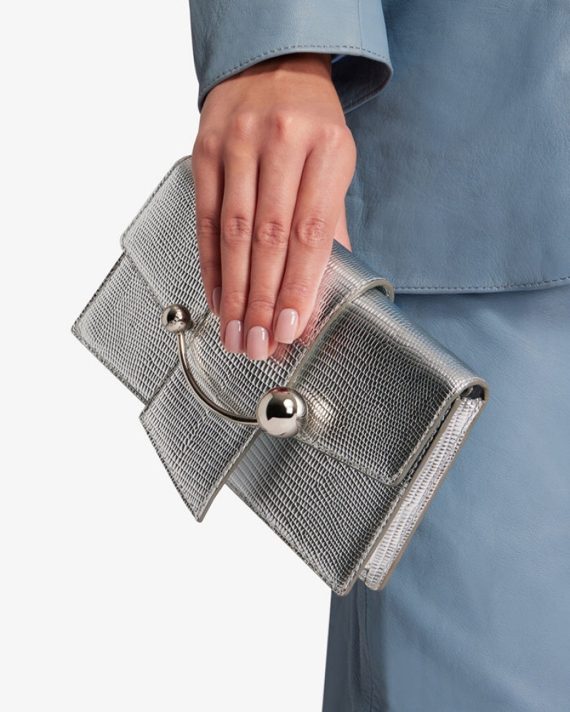 Silver Strathberry Crescent On A Chain Lizard-Embossed Leather Clutch Bag | UK CTXA-98426