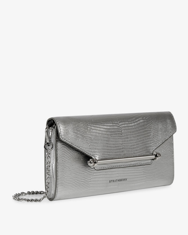 Silver Strathberry Multrees Chain Lizard-Embossed Leather Wallet | UK YQOX-45168