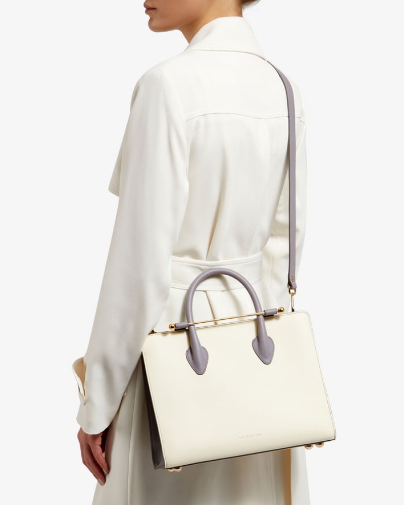 White Grey Strathberry The Midi Tote With Stitch Top Handle Bag | UK QUKG-60217