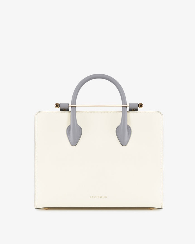 White Grey Strathberry The Midi Tote With Stitch Top Handle Bag | UK QUKG-60217