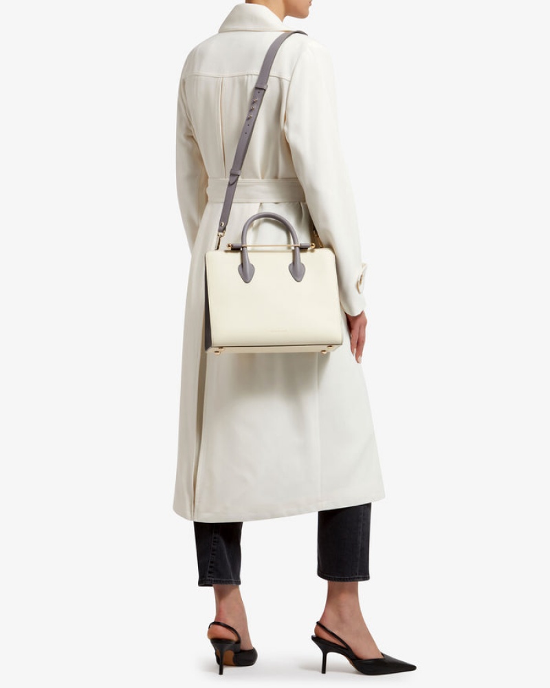 White Grey Strathberry The Midi Tote With Stitch Top Handle Bag | UK QUKG-60217