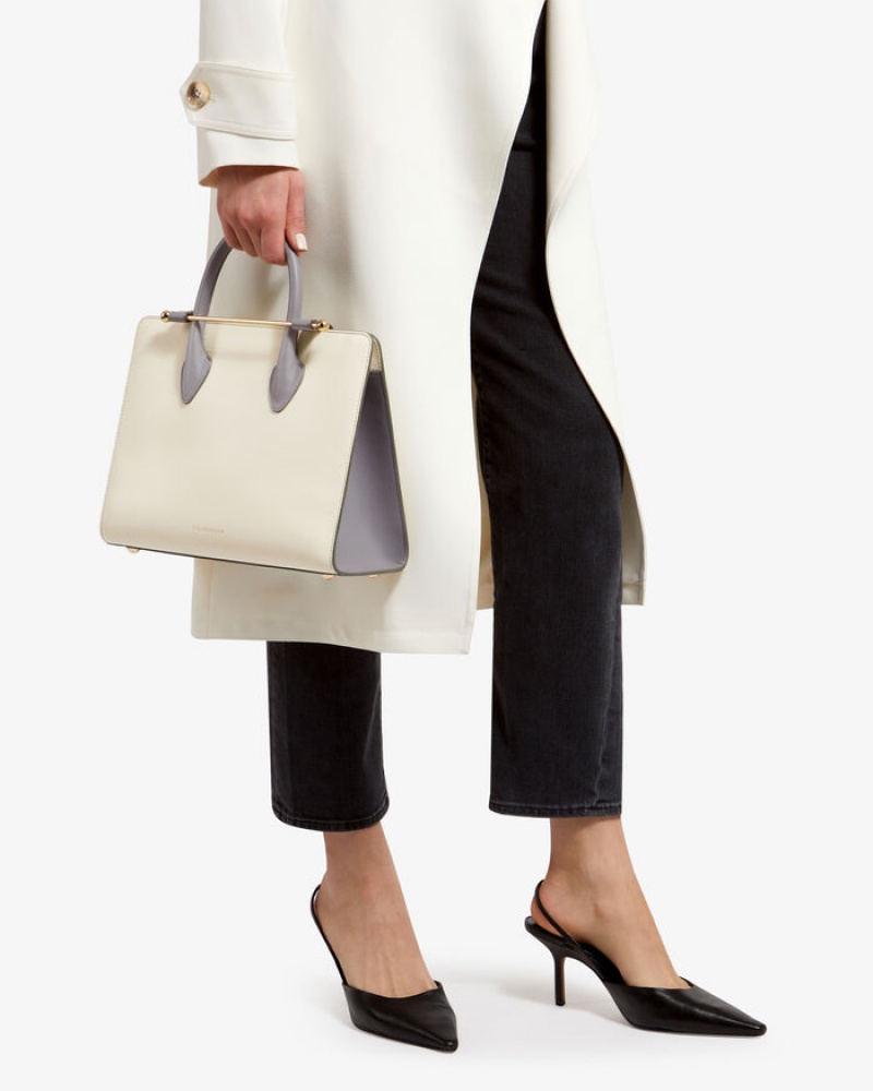 White Grey Strathberry The Midi Tote With Stitch Top Handle Bag | UK QUKG-60217