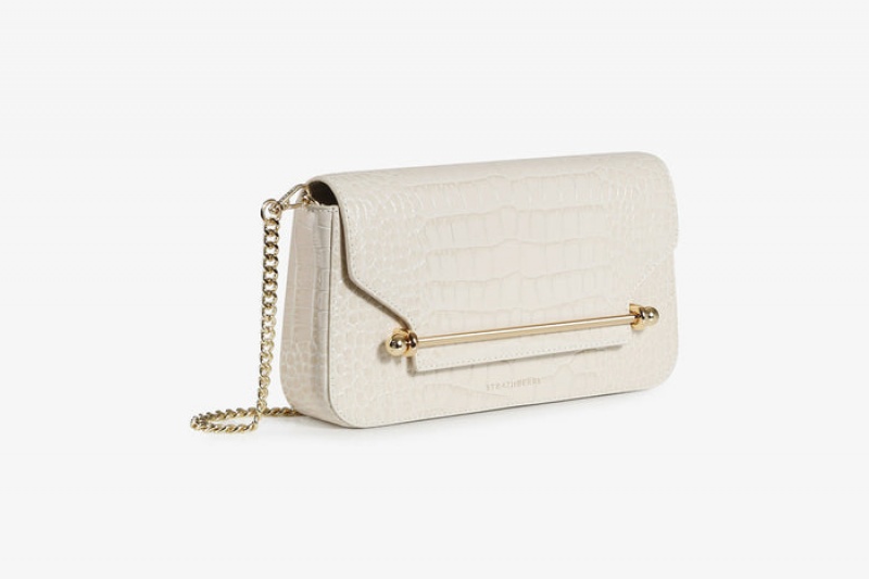 White Strathberry East/West Omni Croc-Embossed Leather Shoulder Bag | UK QYID-67140