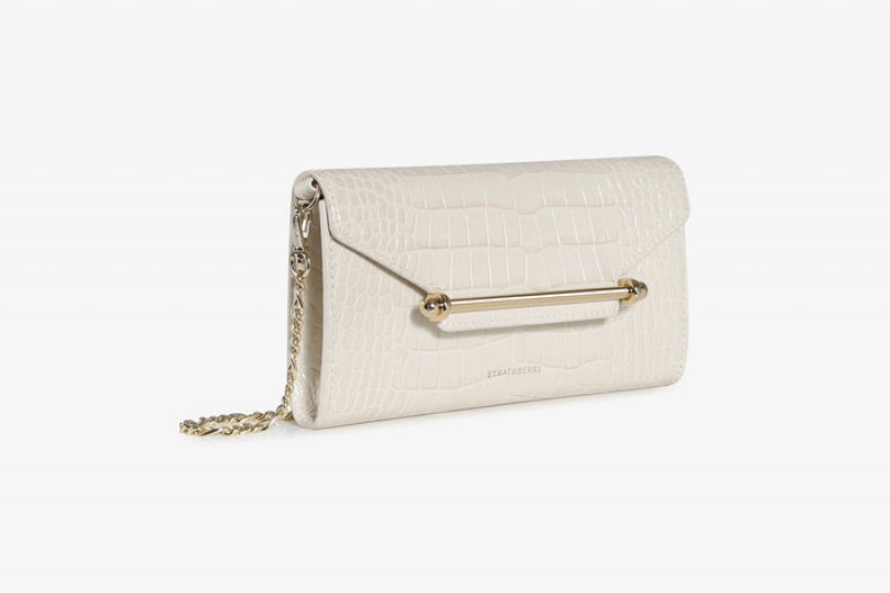 White Strathberry Multrees Chain Wallet Croc-Embossed Leather Crossbody Bag | UK IDJK-59436