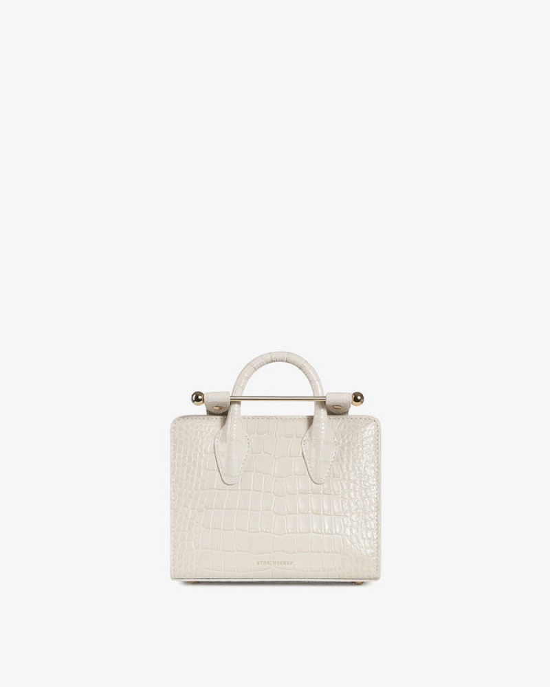 White Strathberry The Nano Tote Croc-Embossed Leather Mini Bag | UK IZBD-57132